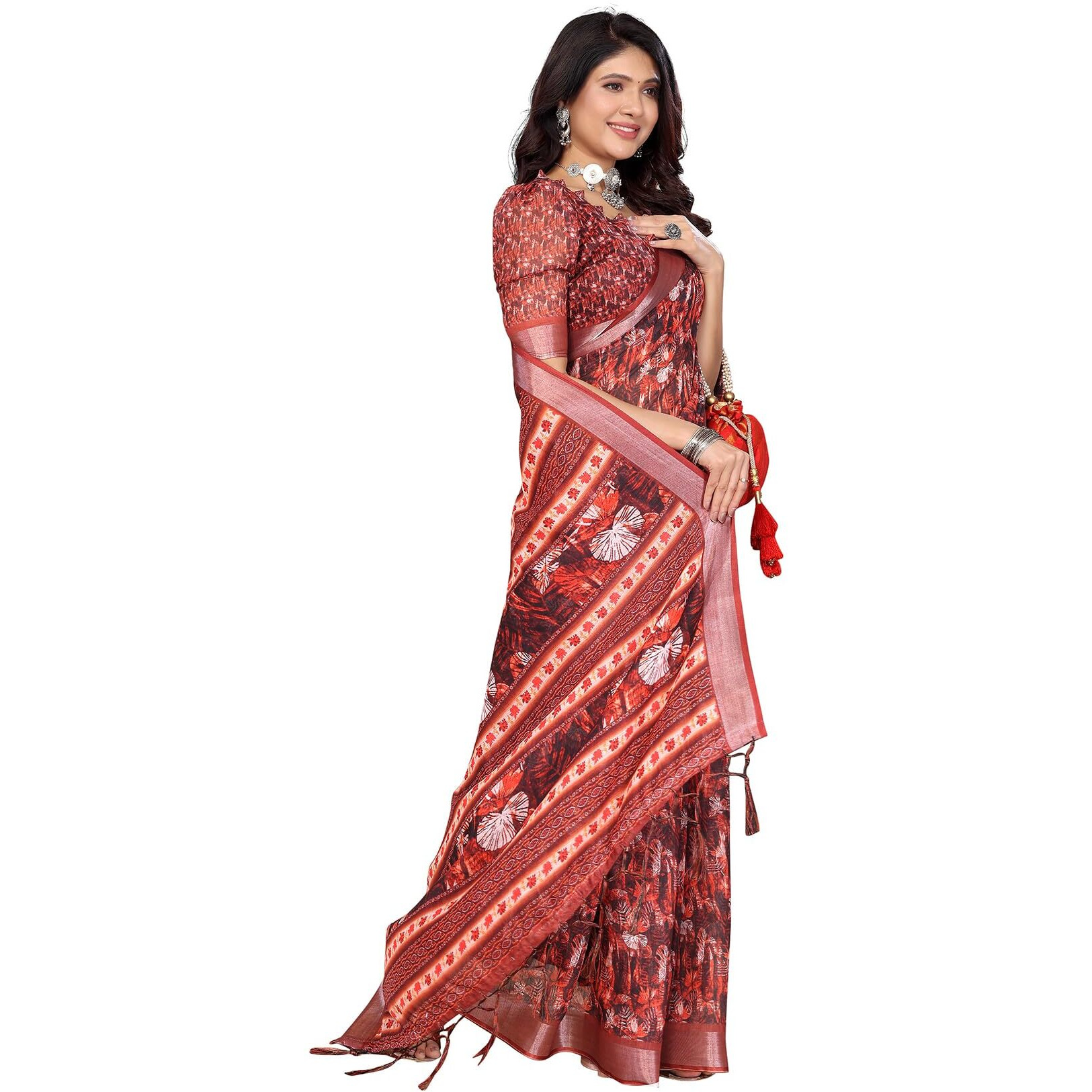 Yashika Women's Digital Print Cotton Silk Blend Saree with Silver Weaving Border and Tassels - Elegant Ethnic Wear for Festive and Casual Occasions (AZ-YS-P2-TIGER15)