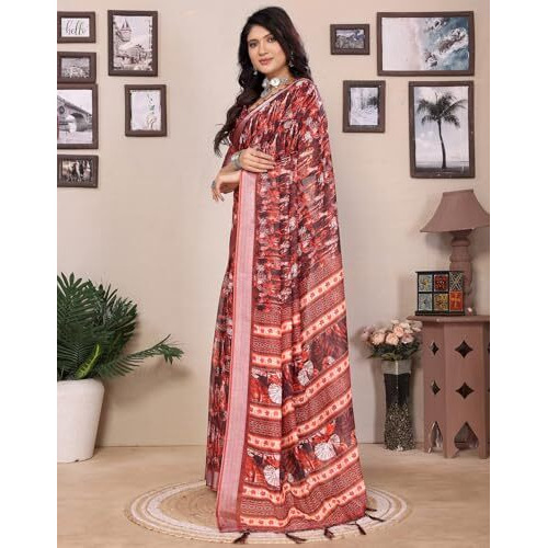 Yashika Women's Digital Print Cotton Silk Blend Saree with Silver Weaving Border and Tassels - Elegant Ethnic Wear for Festive and Casual Occasions (AZ-YS-P2-TIGER15)