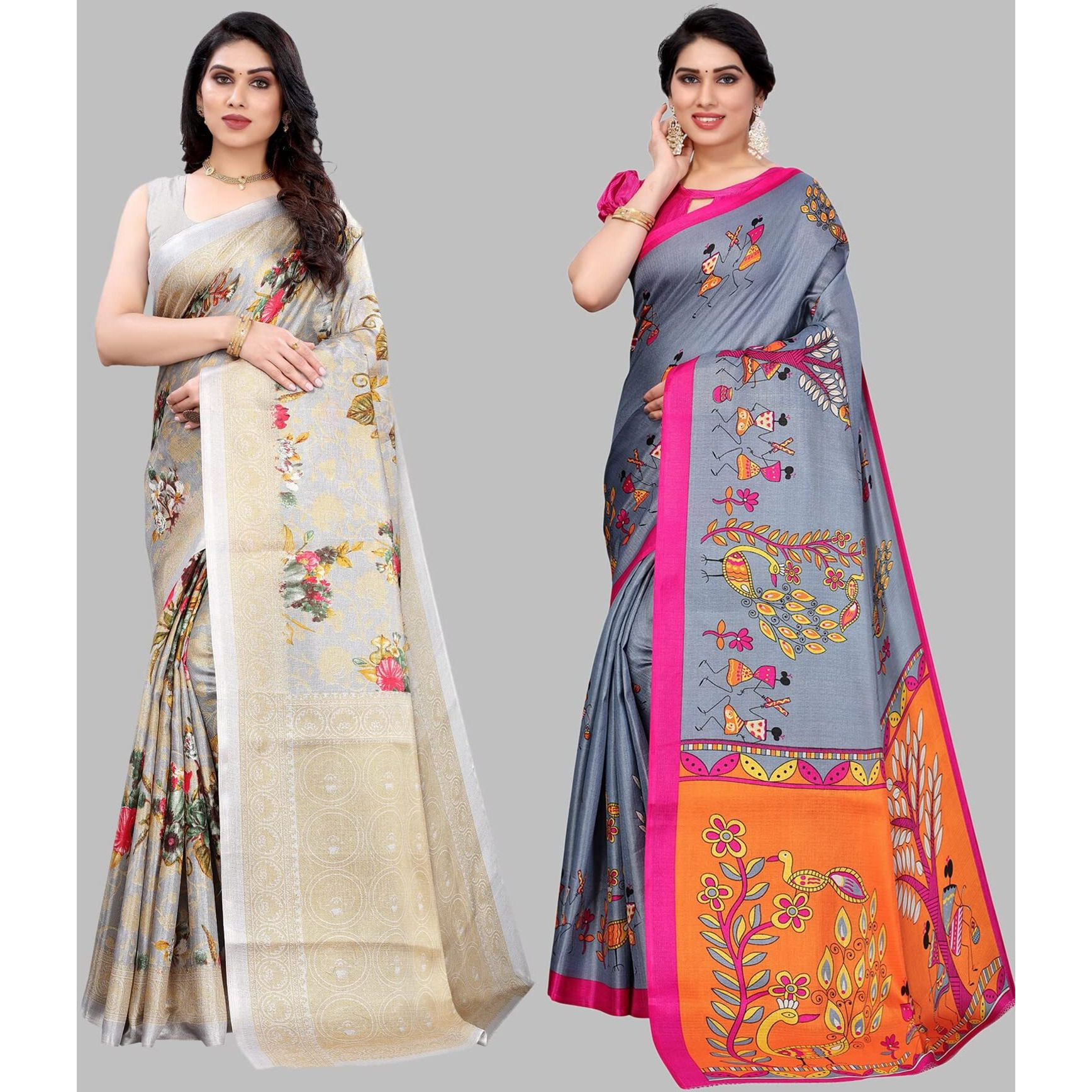 Yashika Women's Combo Art Silk Printed Saree With Blouse Piece Pack Of 2(PUDINA GREY-DANDIYA GREY)