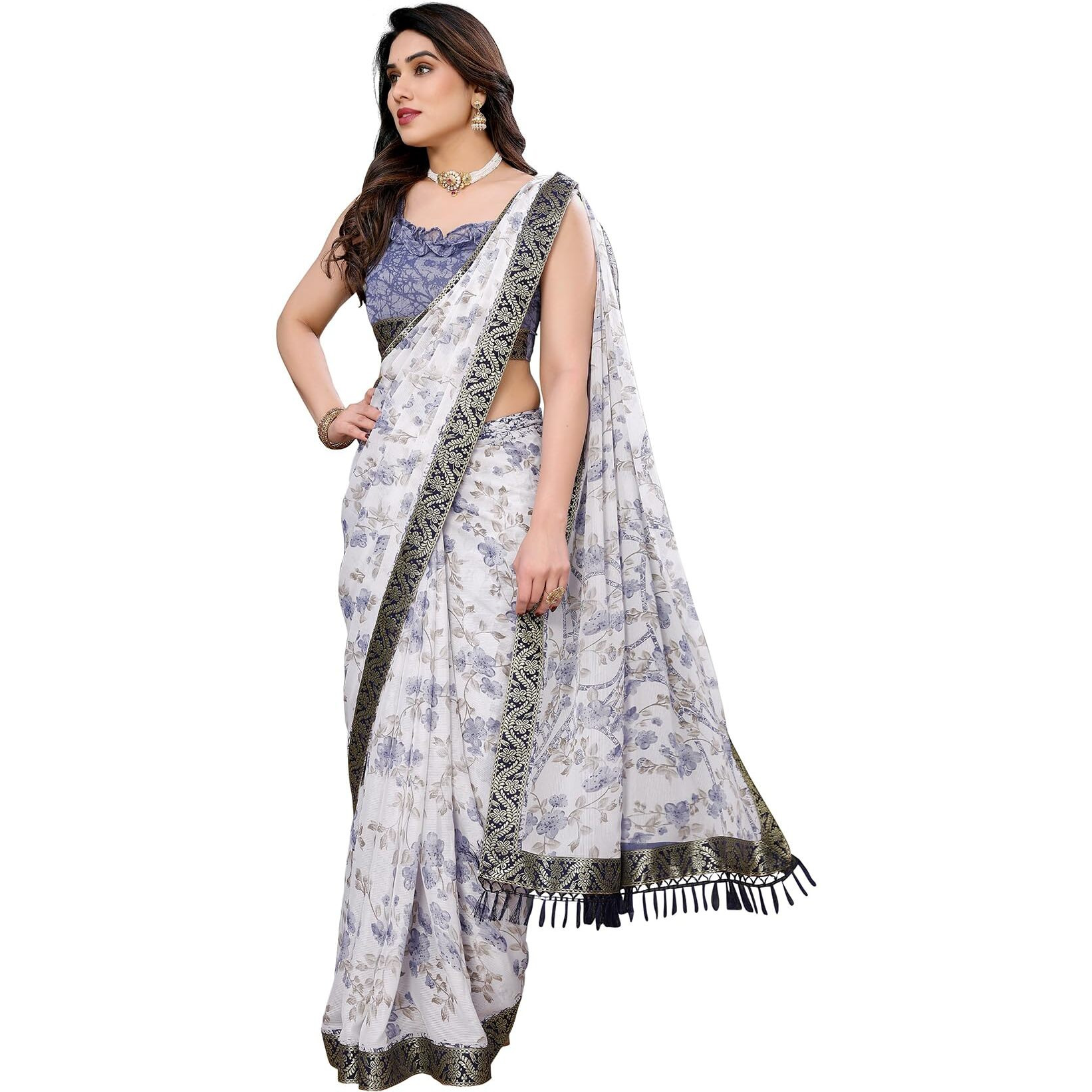 Yashika Women's Printed Georgette Saree With Lace Border and Unstitched Blouse Material (AZ-YS-P2-SANGNA GREY LACE)