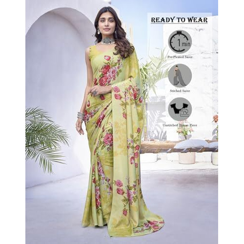 Yashika Women's Tussar Silk Printed Ready To Wear one Minute Saree With Unstitched Blouse | 1 Minute saree | Ready To Wear sari | saree for women (AZ-YS-RW-DIPTI PISTA)