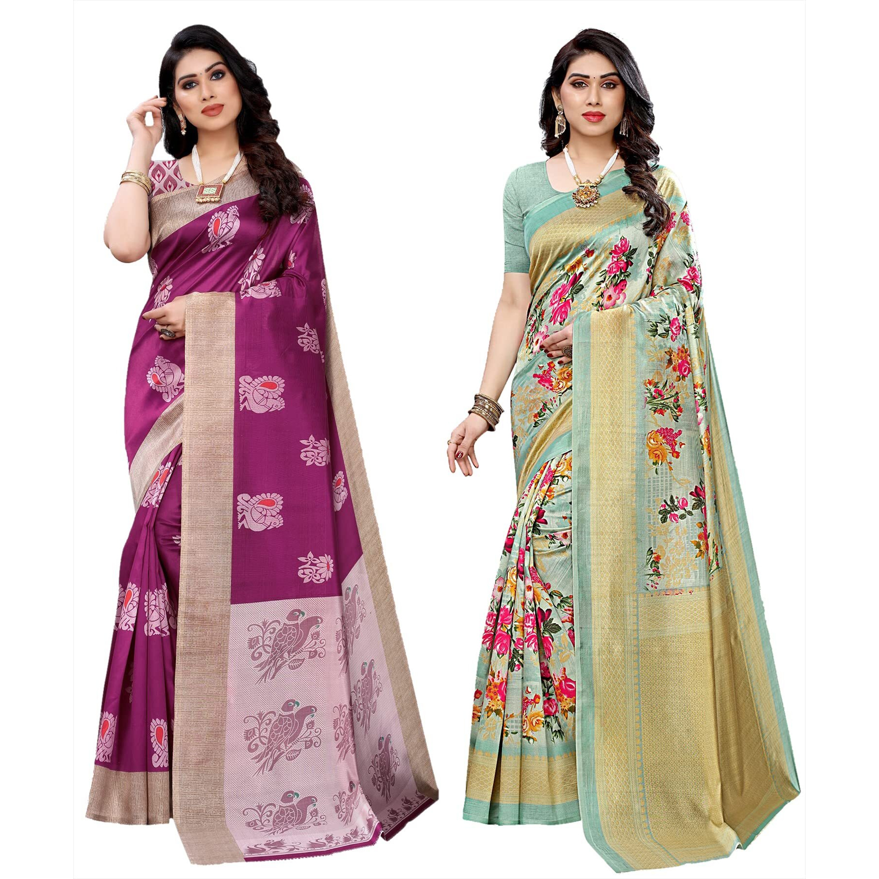 Yashika Women's Combo Art Silk Printed Saree With Blouse Piece Pack Of 2(KESAR WINE-AIR LIGHT GREEN)