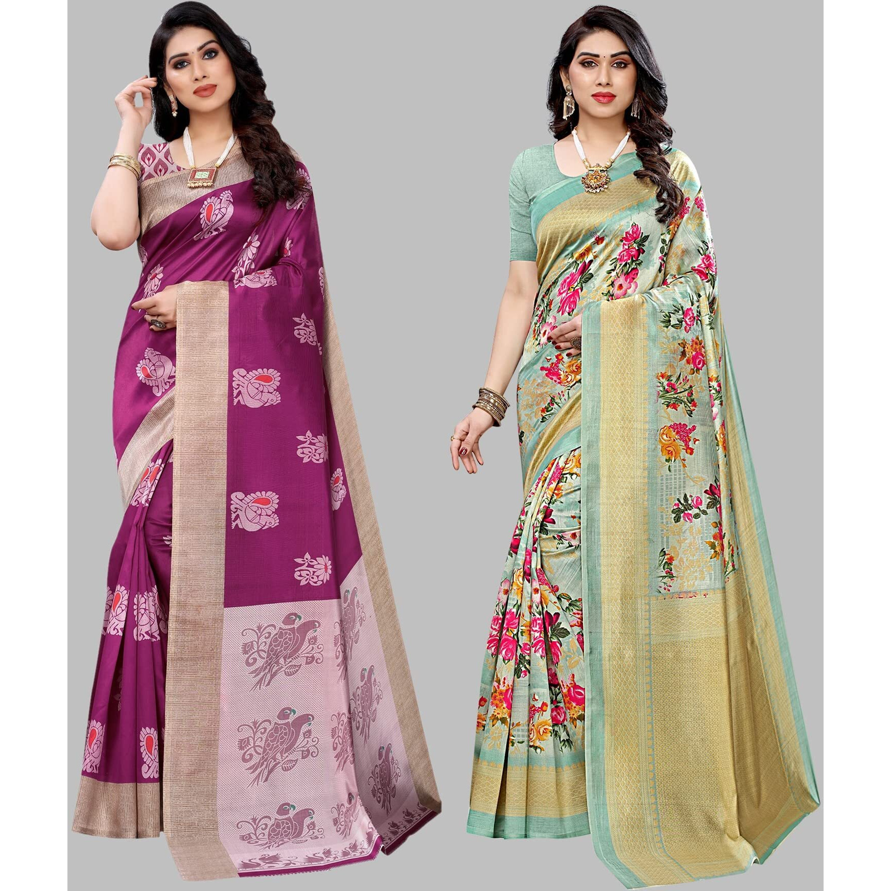 Yashika Women's Combo Art Silk Printed Saree With Blouse Piece Pack Of 2(KESAR WINE-AIR LIGHT GREEN)