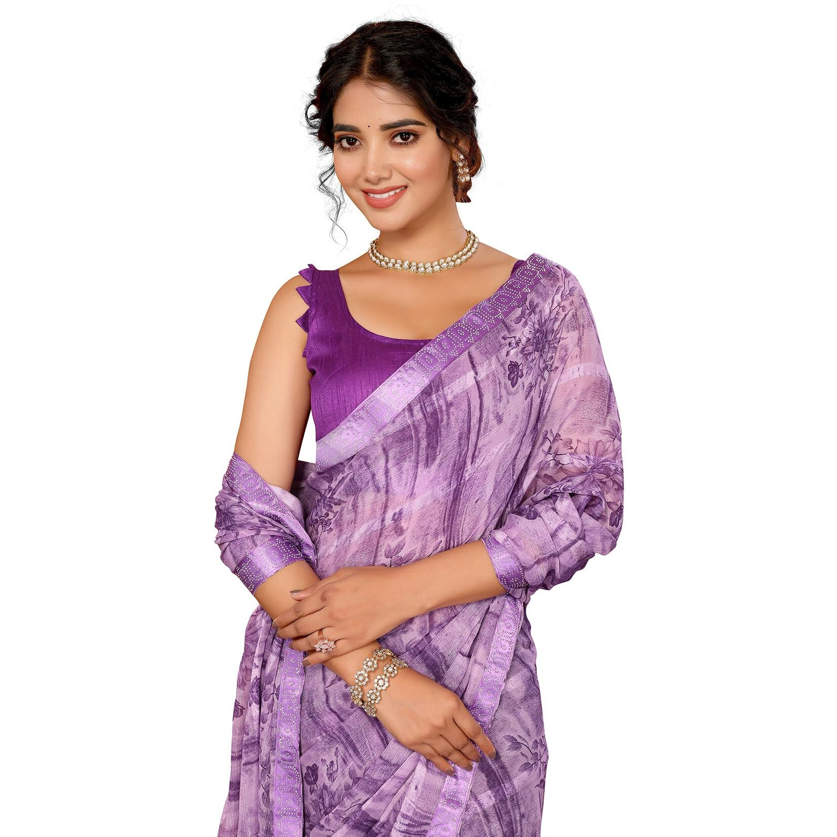 Yashika Women's Weightless Georgette Satin Printed Hot Fix Swarovski Lace with Tassels Unstitched Blouse Material Saree (AZ-YS-P3-REHANA-Parent_Violet)