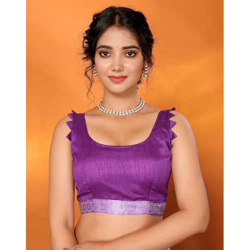 Yashika Women's Weightless Georgette Satin Printed Hot Fix Swarovski Lace with Tassels Unstitched Blouse Material Saree (AZ-YS-P3-REHANA-Parent_Violet)