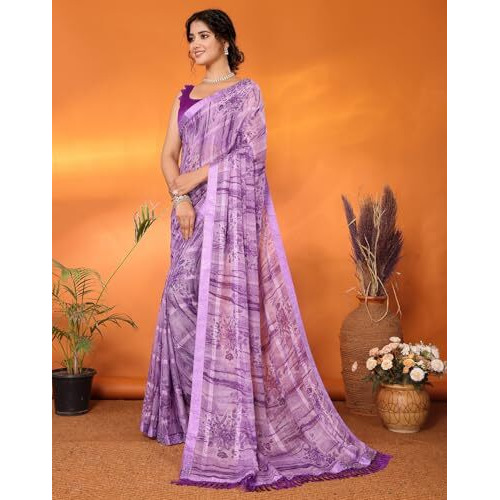 Yashika Women's Weightless Georgette Satin Printed Hot Fix Swarovski Lace with Tassels Unstitched Blouse Material Saree (AZ-YS-P3-REHANA-Parent_Violet)