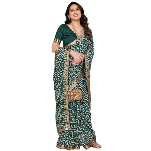 Yashika Women's Printed Georgette Printed Saree With Lace Border and Blouse Material (AZ-YS-P2-SRAVANI GREEN)