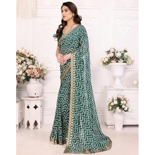Yashika Women's Printed Georgette Printed Saree With Lace Border and Blouse Material (AZ-YS-P2-SRAVANI GREEN)