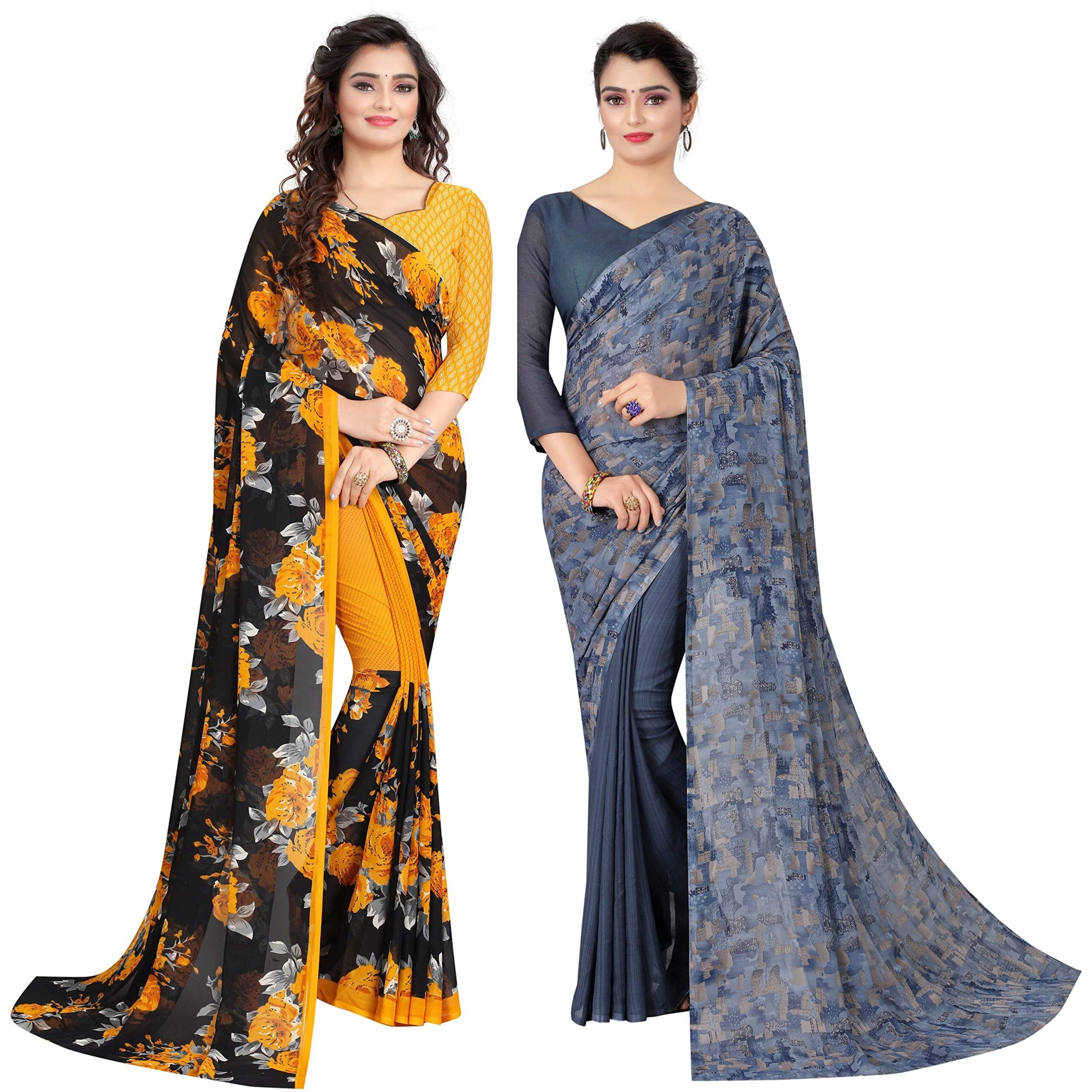 Yashika Womens Georgette Saree With Blouse Piece(FLORAL YELLOW_HALF INK_Pack Of-2)