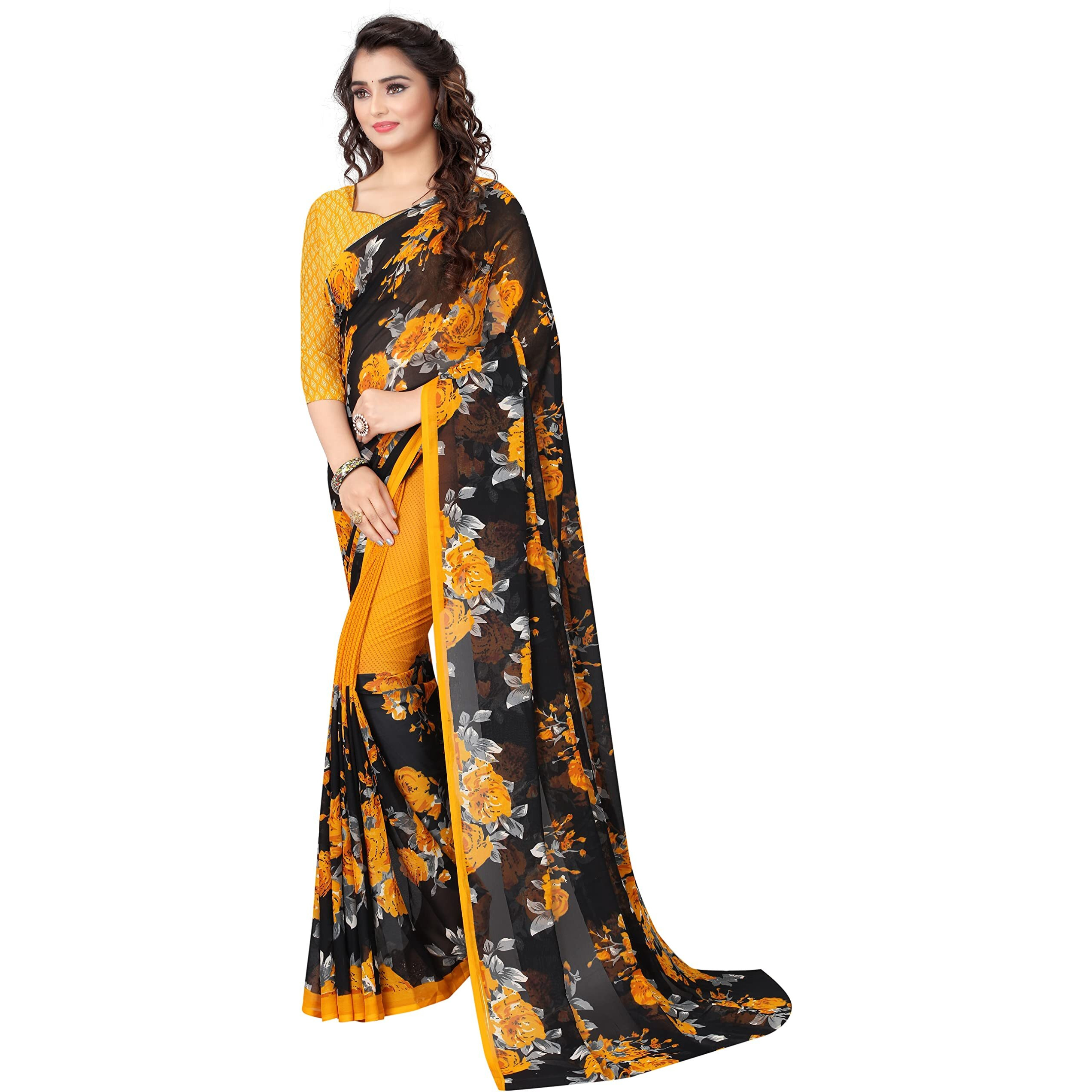 Yashika Womens Georgette Saree With Blouse Piece(FLORAL YELLOW_HALF INK_Pack Of-2)