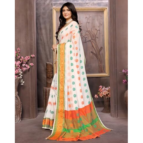Yashika Women's Woven in Cotton Silk Fabric Butti-Independence Day Tiranaga Flag Saree with Unstitched Blouse Material (AZ-YS-P1-FLAG Tricolor), Multicolor
