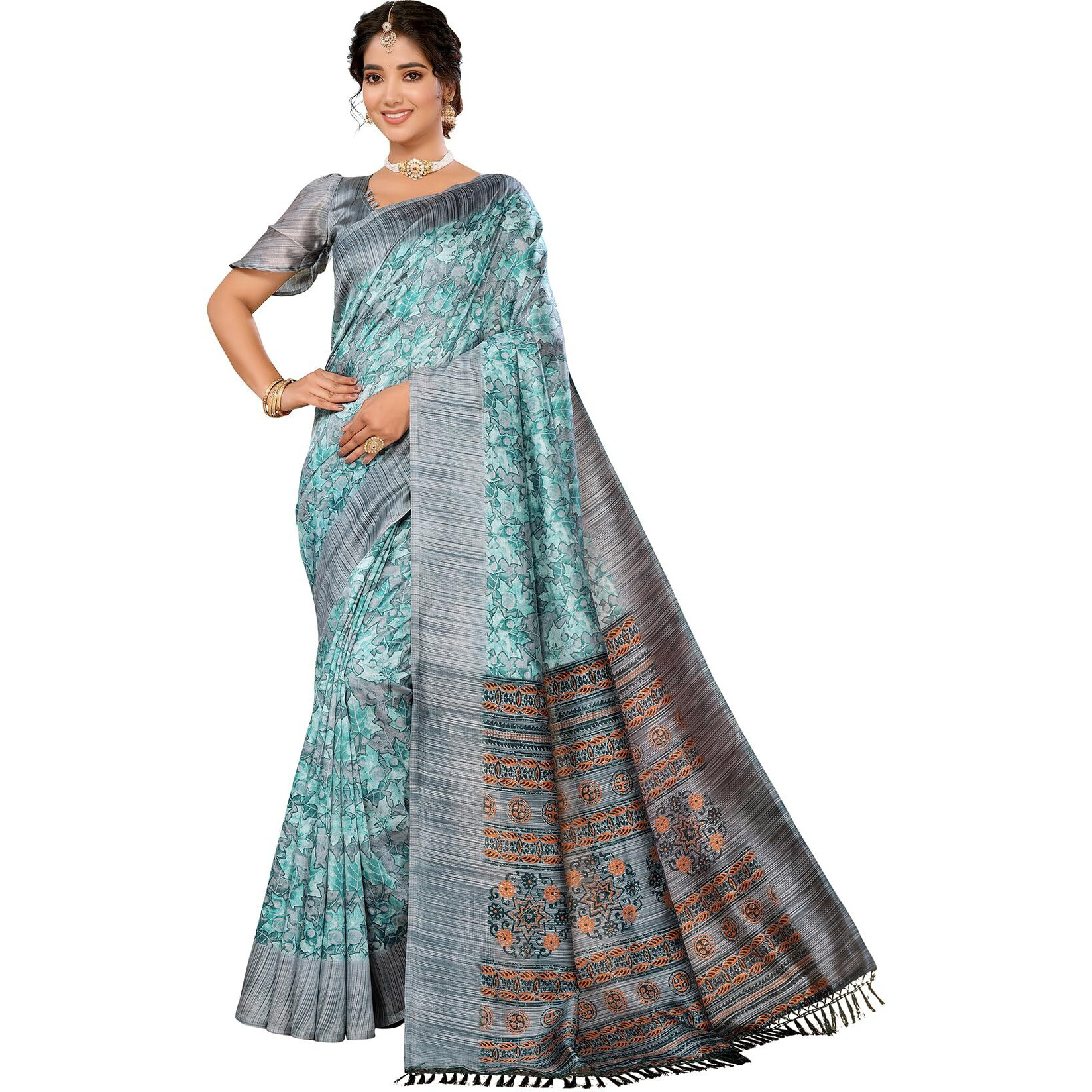 Yashika Women's Art Silk Printed with Tassels Unstitched Blouse Material Stylish Party Casual Wear Traditional Trendy Saree (AZ-YS-P1-DURVI-Parent_Green)