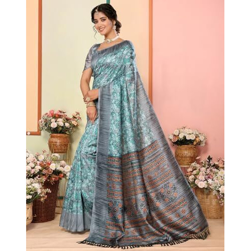 Yashika Women's Art Silk Printed with Tassels Unstitched Blouse Material Stylish Party Casual Wear Traditional Trendy Saree (AZ-YS-P1-DURVI-Parent_Green)