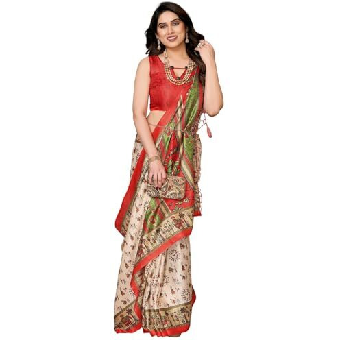 Yashika Women's Printed Kalamkari Art Silk Saree With Tassels and Unstitched Blouse Material (AZ-YS-P2-SOORVI CHIKU RED JHALAR)