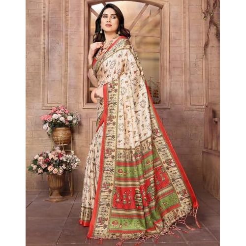 Yashika Women's Printed Kalamkari Art Silk Saree With Tassels and Unstitched Blouse Material (AZ-YS-P2-SOORVI CHIKU RED JHALAR)