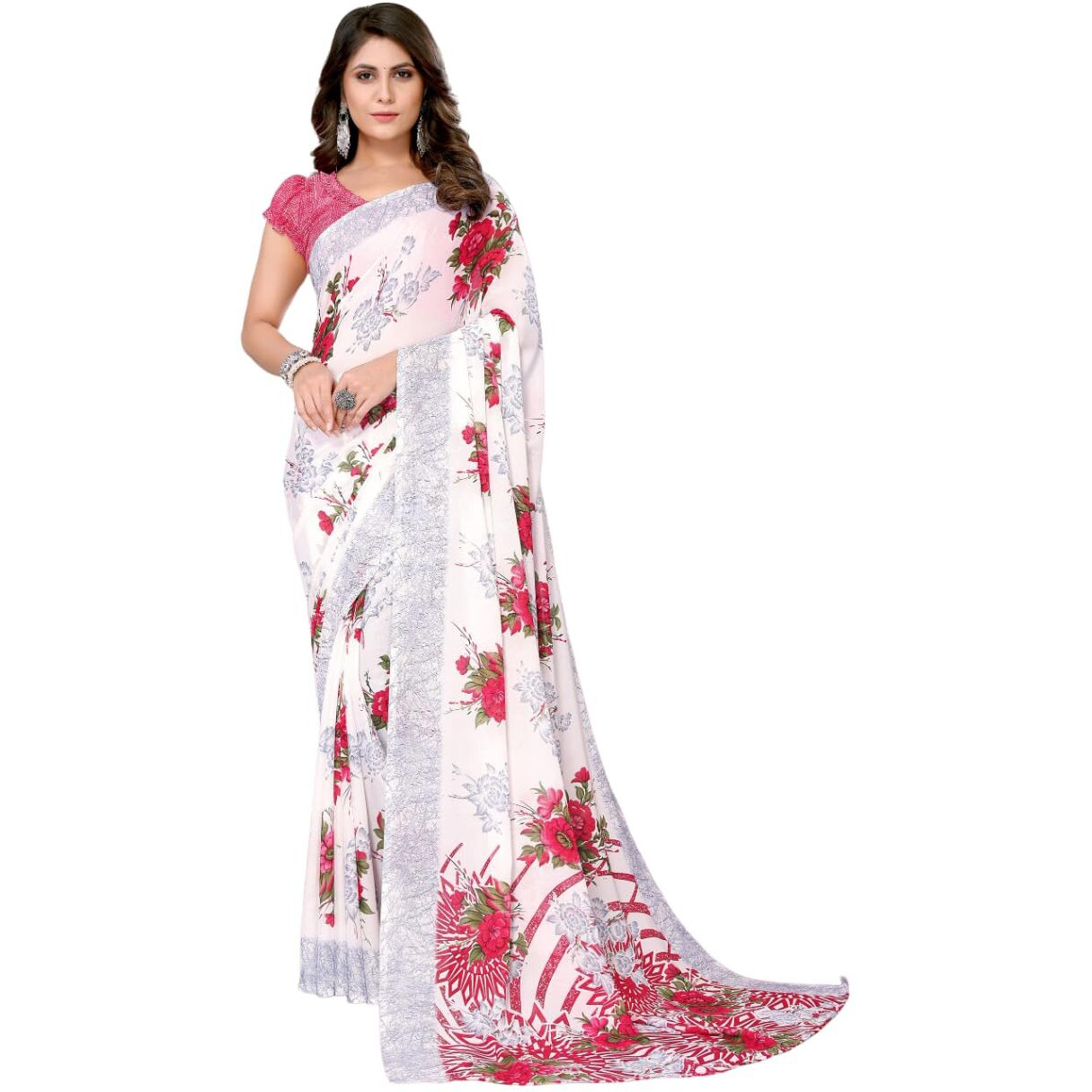 Yashika Women's Trendy Printed Georgette Pink Color Saree with Blouse Material(NUTAN PINK)