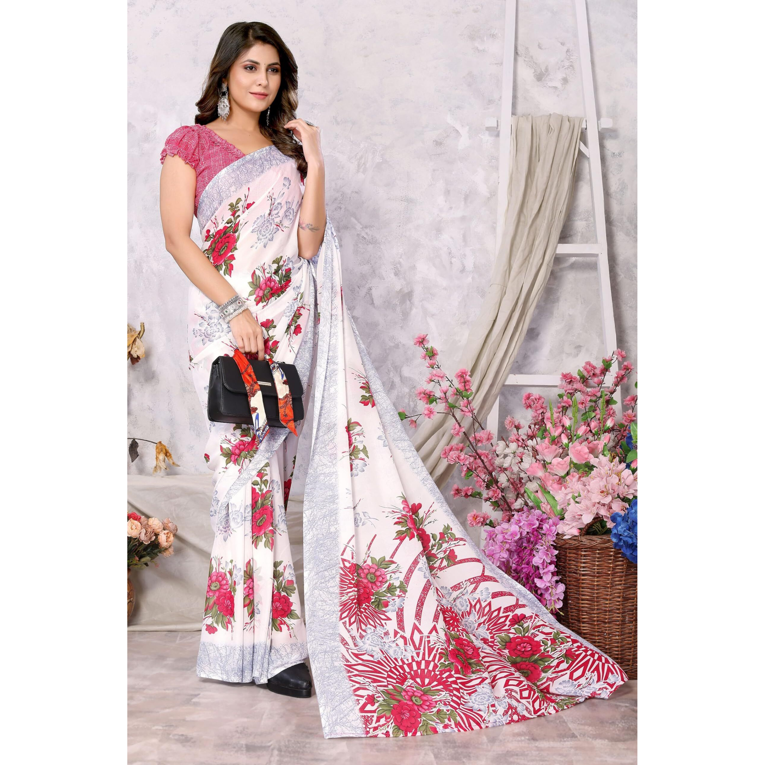 Yashika Women's Trendy Printed Georgette Pink Color Saree with Blouse Material(NUTAN PINK)