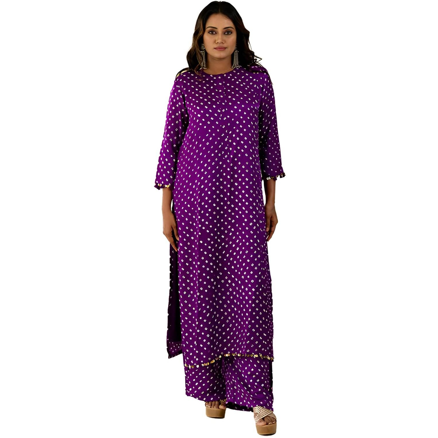 Yashika Women's Regular Cotton Blend Bandhej Printed Bandhani Kurta Palazzo Set with Sequence Lace (AZ-YS-OG-KS2201-Parent_Purple