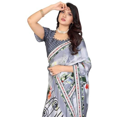 Yashika Women's Tussar Silk With Lace Printed Sari Saree with Blouse|saree for Women | Saree | New Sari | Latest Saree (AZ-YS-P3-ANUJA GREY LACE)