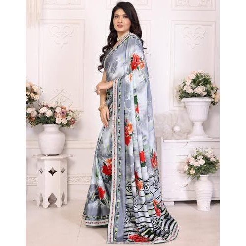 Yashika Women's Tussar Silk With Lace Printed Sari Saree with Blouse|saree for Women | Saree | New Sari | Latest Saree (AZ-YS-P3-ANUJA GREY LACE)