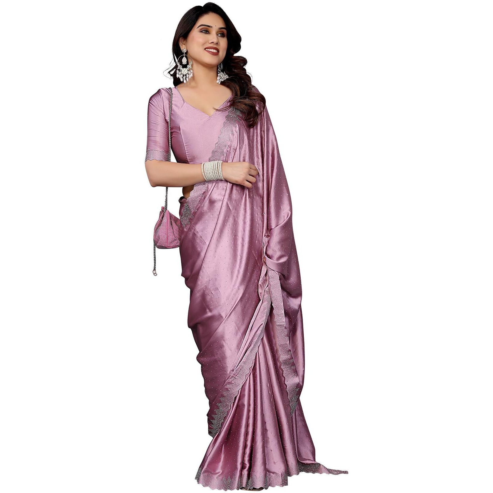 Yashika Women's Hot Fix Work and Solid Color Satin Moss Saree With Unstitched Blouse Material (AZ-YS-P2-NEW-PINTU PINK)