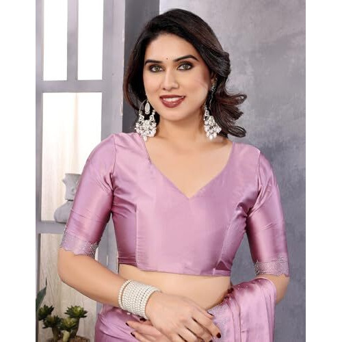 Yashika Women's Hot Fix Work and Solid Color Satin Moss Saree With Unstitched Blouse Material (AZ-YS-P2-NEW-PINTU PINK)