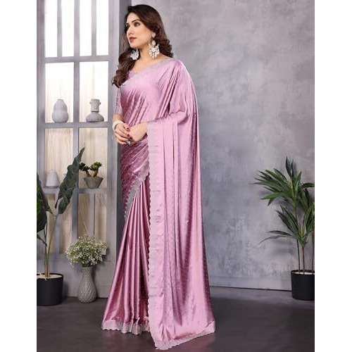 Yashika Women's Hot Fix Work and Solid Color Satin Moss Saree With Unstitched Blouse Material (AZ-YS-P2-NEW-PINTU PINK)