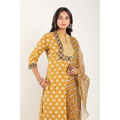 Yashika Women's Floral Regular Printed Cotton Blend Straight Kurta Afghani Pant Dupatta Set-Ethnic Elegance Embodied | Perfect Fusion of Tradition and Style (AZ-YS-OG-KS2123-Parent_Yellow