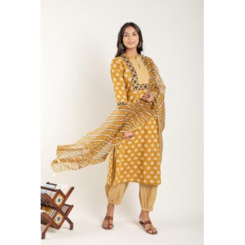Yashika Women's Floral Regular Printed Cotton Blend Straight Kurta Afghani Pant Dupatta Set-Ethnic Elegance Embodied | Perfect Fusion of Tradition and Style (AZ-YS-OG-KS2123-Parent_Yellow