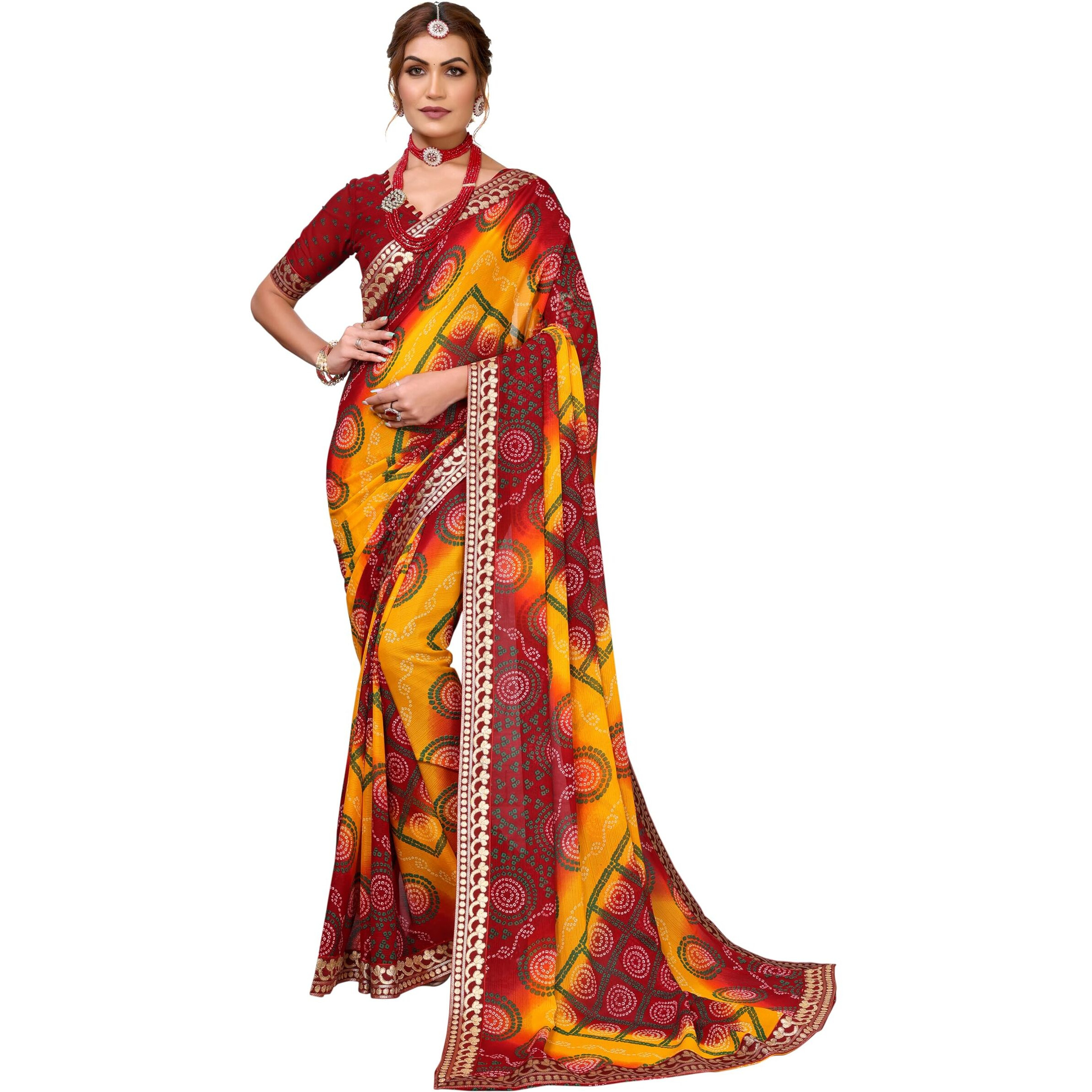 Yashika Women's Woven Latest Georgette Saree with Lace and Blouse Material (AZ-YS-P1-AACHAL-KORAM-Parent-NEW_Maroon)