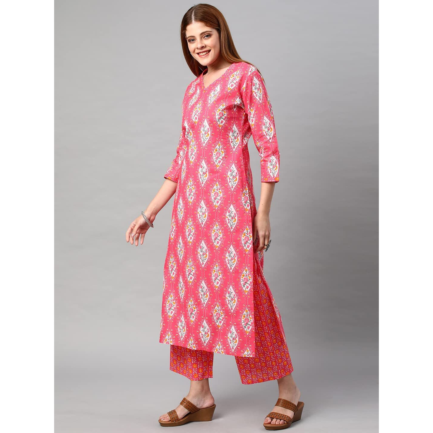 ANNI DESIGNER Women's Cotton Blend Traditional Straight Printed Kurta and Pant Set (Pataka Pink NW_XXL_Pink_XX-Large)