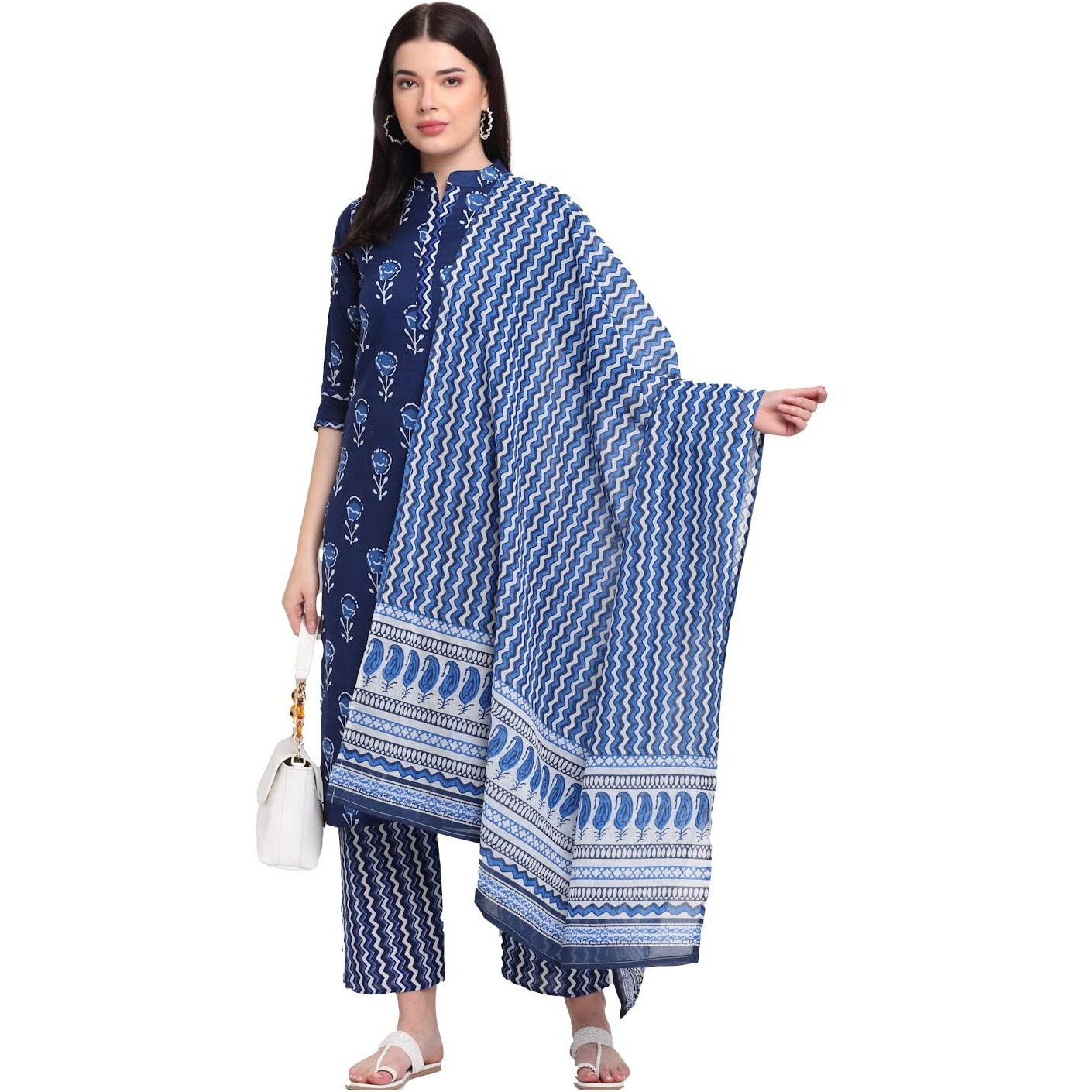 ANNI DESIGNER Women's Cotton Straight Kurta with Palazzo & Dupatta (KPZD-COT-10009-BLUE_XXL_Blue_XX-Large)