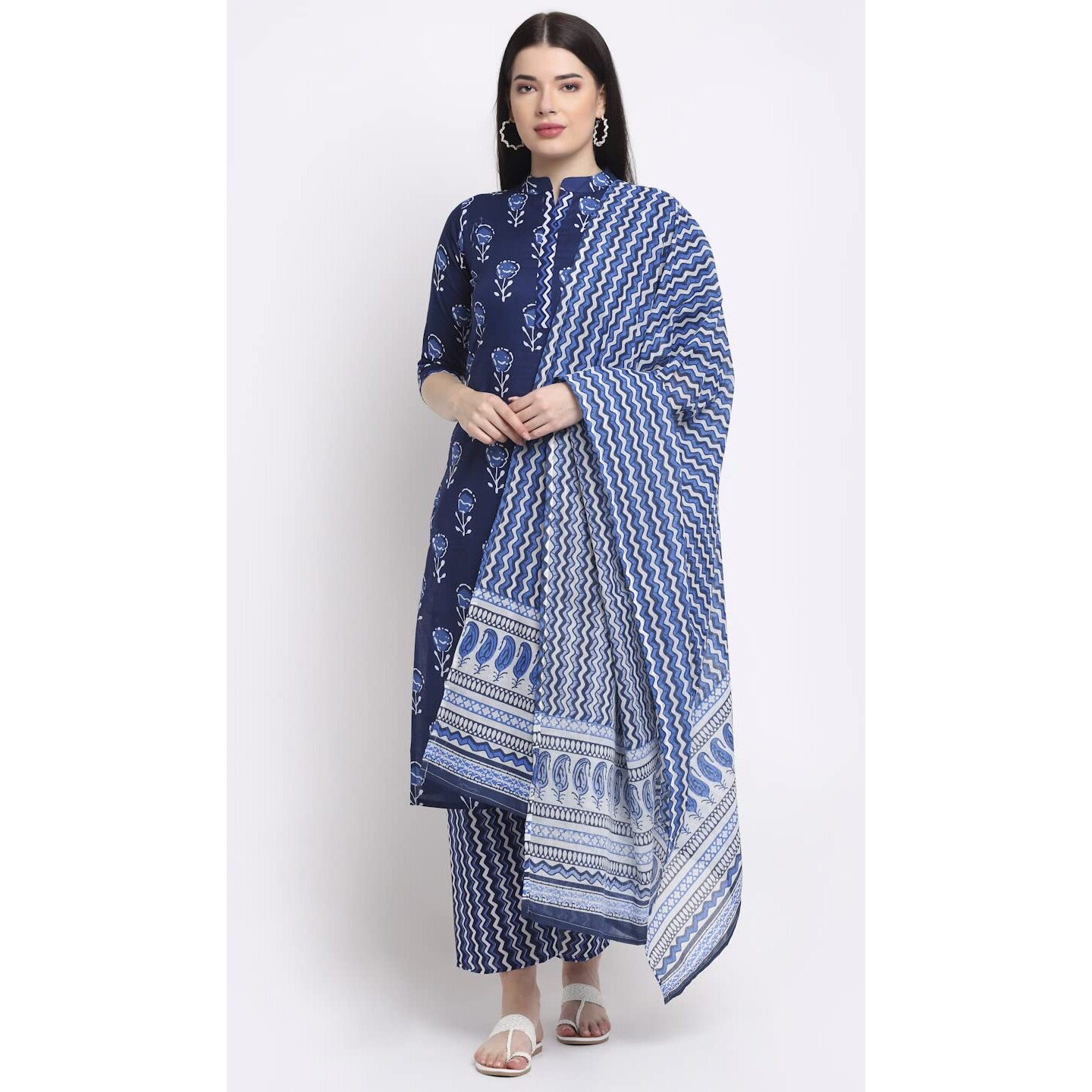 ANNI DESIGNER Women's Cotton Straight Kurta with Palazzo & Dupatta (KPZD-COT-10009-BLUE_XXL_Blue_XX-Large)