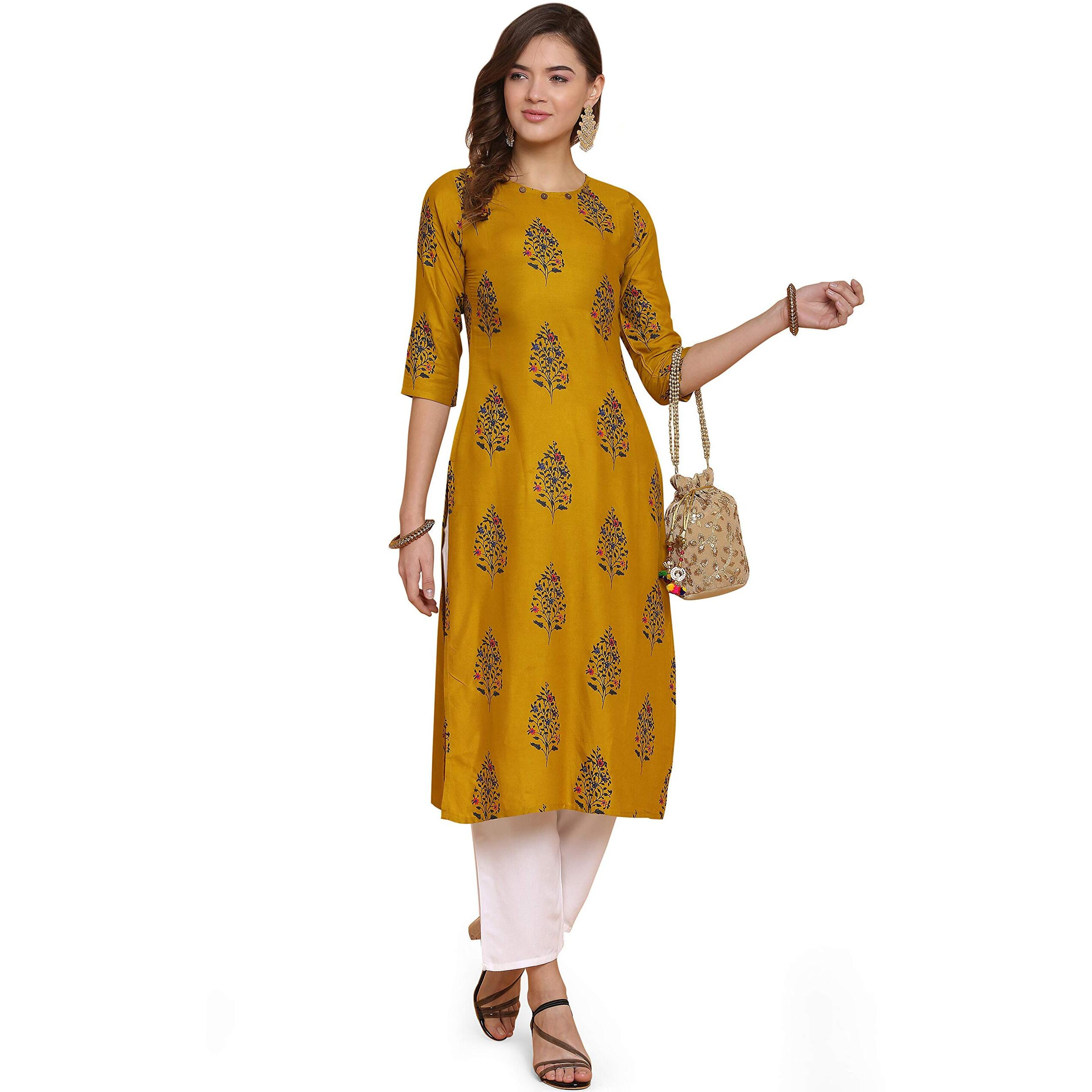 ANNI DESIGNER Women's Rayon Straight Kurta (Yellow,XXL)