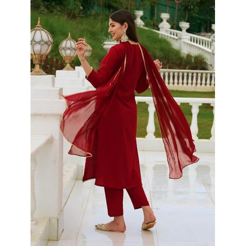 ANNI DESIGNER Women's Cotton Blend Embroidered Straight Kurta with Pant & Dupatta (BGM Maroon_XXL_Maroon_XX-Large)