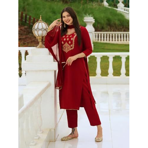 ANNI DESIGNER Women's Cotton Blend Embroidered Straight Kurta with Pant & Dupatta (BGM Maroon_XXL_Maroon_XX-Large)