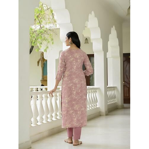 ANNI DESIGNER Women's Rayon Blend Straight Printed Kurta with Pant (Ghasi Pink-VKS01_XL_Pink_X-Large)