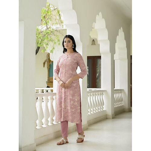 ANNI DESIGNER Women's Rayon Blend Straight Printed Kurta with Pant (Ghasi Pink-VKS01_XL_Pink_X-Large)