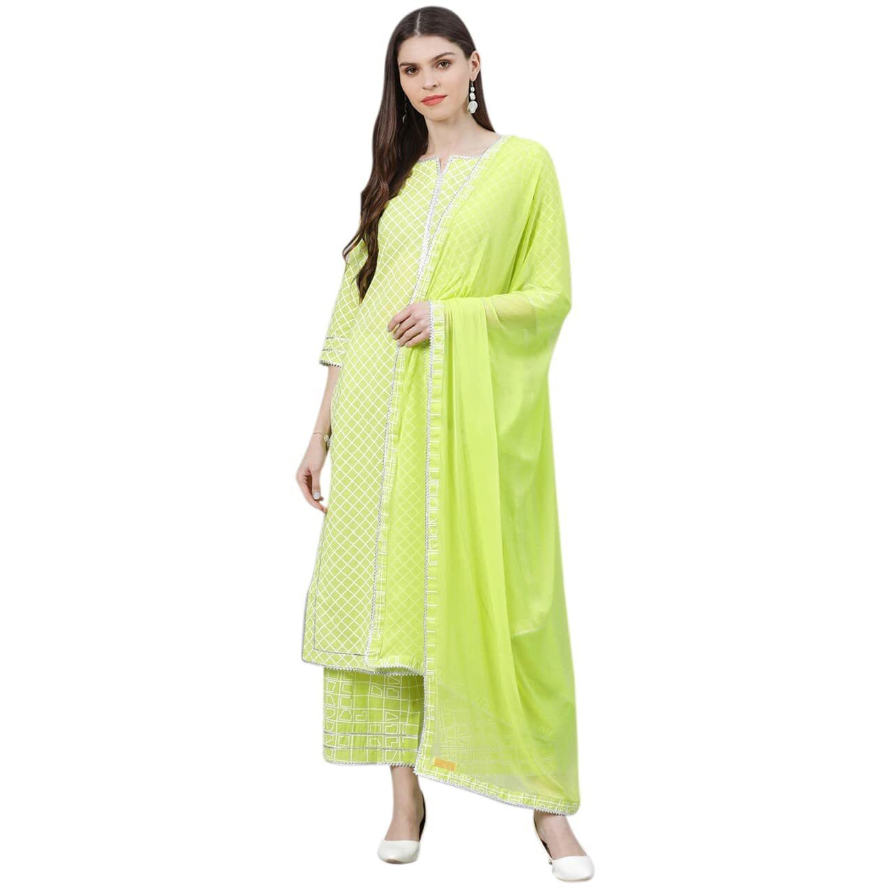 ANNI DESIGNER Women's Cotton Blend Straight Kurta with Palazzo & Dupatta (Rust-Parrot_XL_Light Green_X-Large)