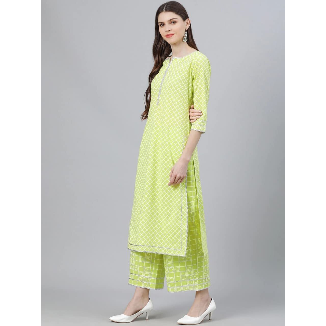 ANNI DESIGNER Women's Cotton Blend Straight Kurta with Palazzo & Dupatta (Rust-Parrot_XL_Light Green_X-Large)