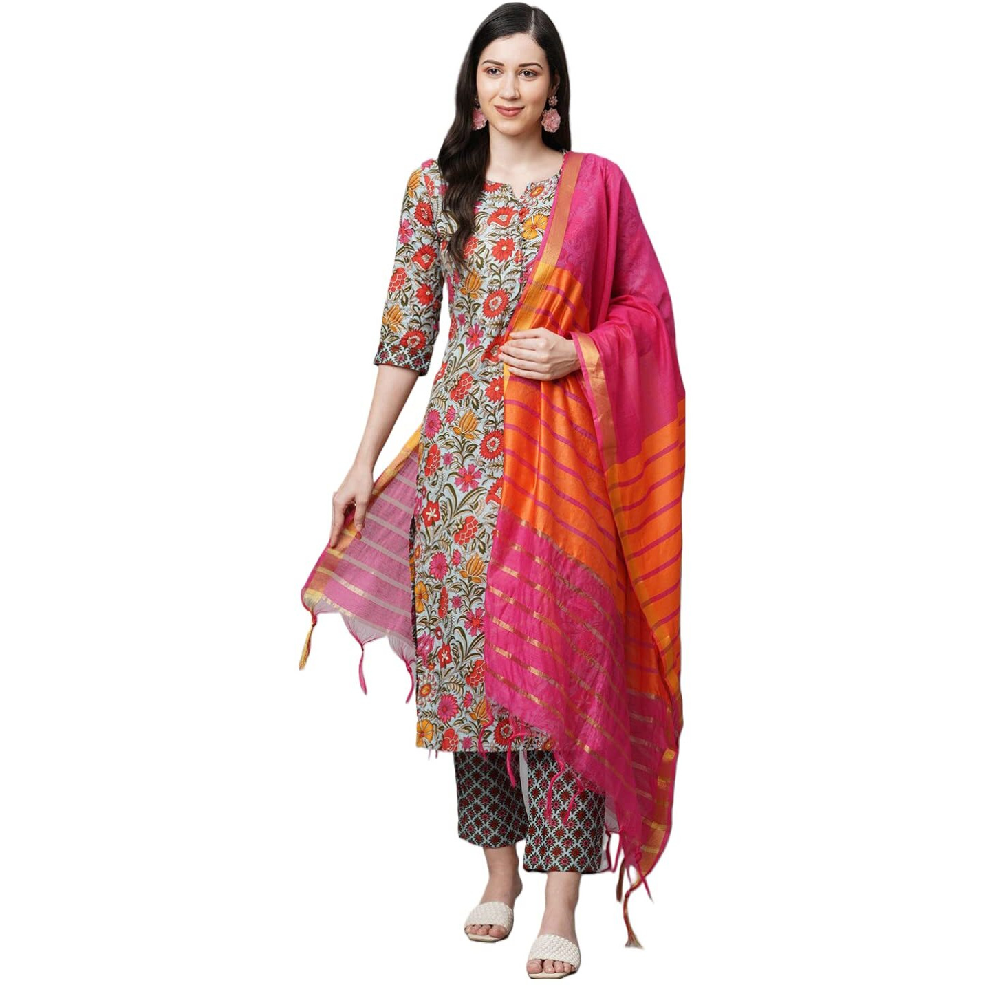 ANNI DESIGNER Women's Cotton Blend Straight Printed Kurta with Pant & Dupatta Set (Jakar Green_M_Green_Medium)