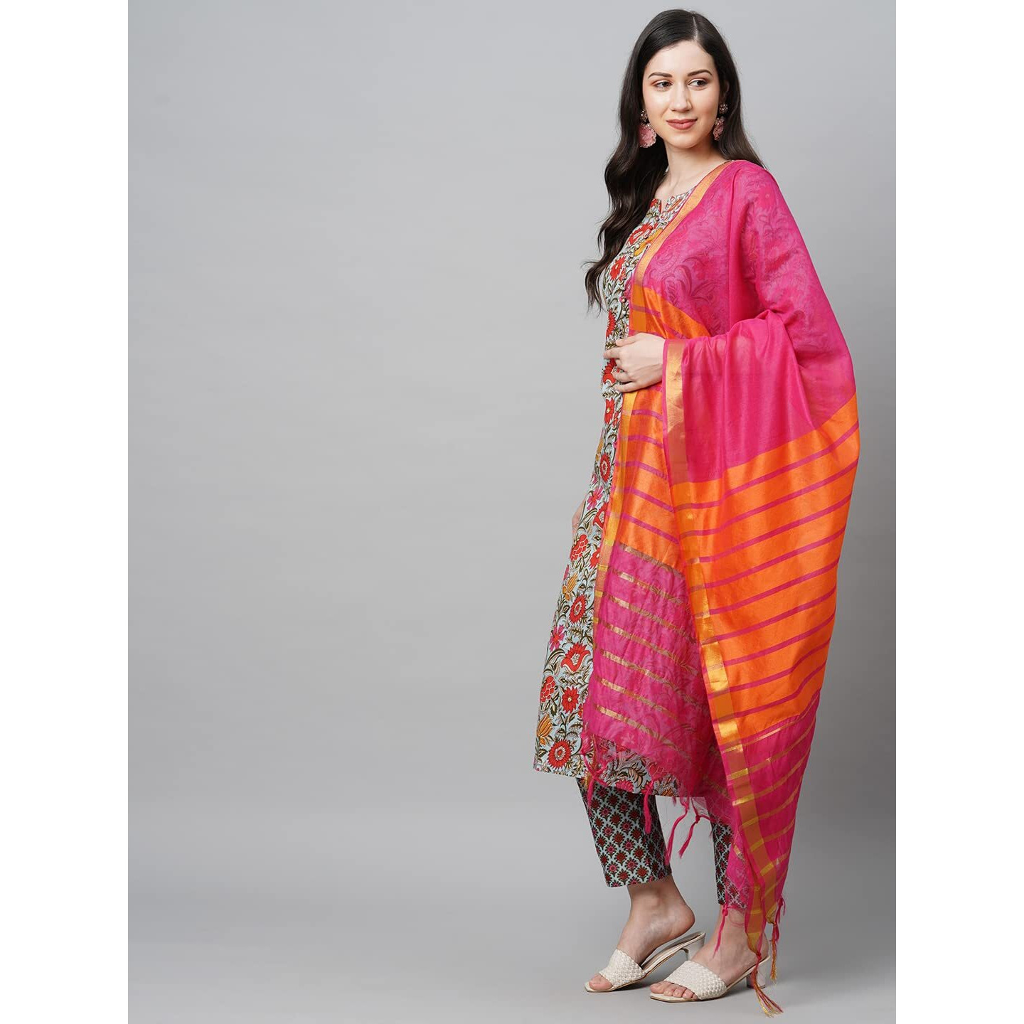 ANNI DESIGNER Women's Cotton Blend Straight Printed Kurta with Pant & Dupatta Set (Jakar Green_M_Green_Medium)