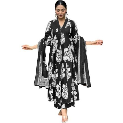 ANNI DESIGNER Women's Rayon Viscose Anarkali Printed Kurta with Pant & Dupatta (Jasiwal Black-VKS01_XL_Black_X-Large)