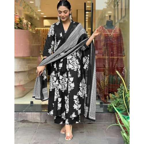 ANNI DESIGNER Women's Rayon Viscose Anarkali Printed Kurta with Pant & Dupatta (Jasiwal Black-VKS01_XL_Black_X-Large)