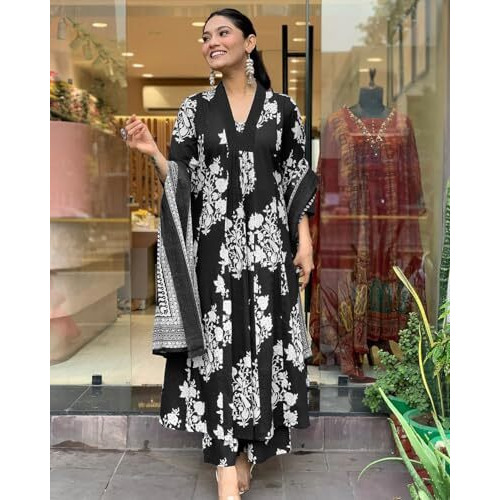 ANNI DESIGNER Women's Rayon Viscose Anarkali Printed Kurta with Pant & Dupatta (Jasiwal Black-VKS01_XL_Black_X-Large)
