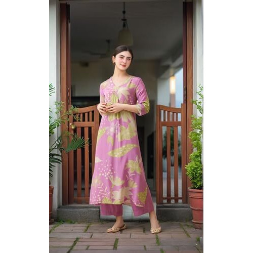 ANNI DESIGNER Women's Rayon Viscose Straight Printed Kurta with Palazzo (Wanda Purple-VKS03_S_Purple_Small)