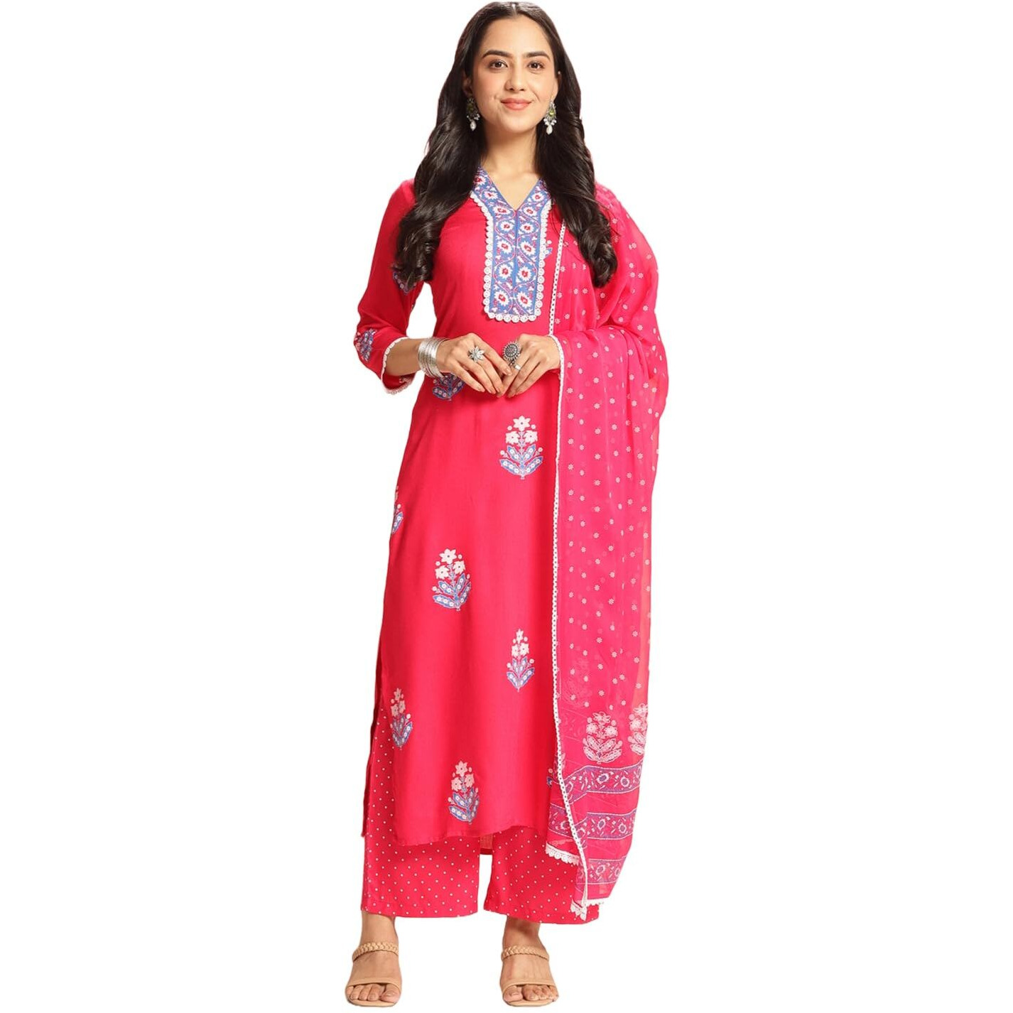 ANNI DESIGNER Women's Rayon Viscose Printed Straight Kurta with Pant & Dupatta (Belagavi Pink-VKS05_M_Pink_Medium)