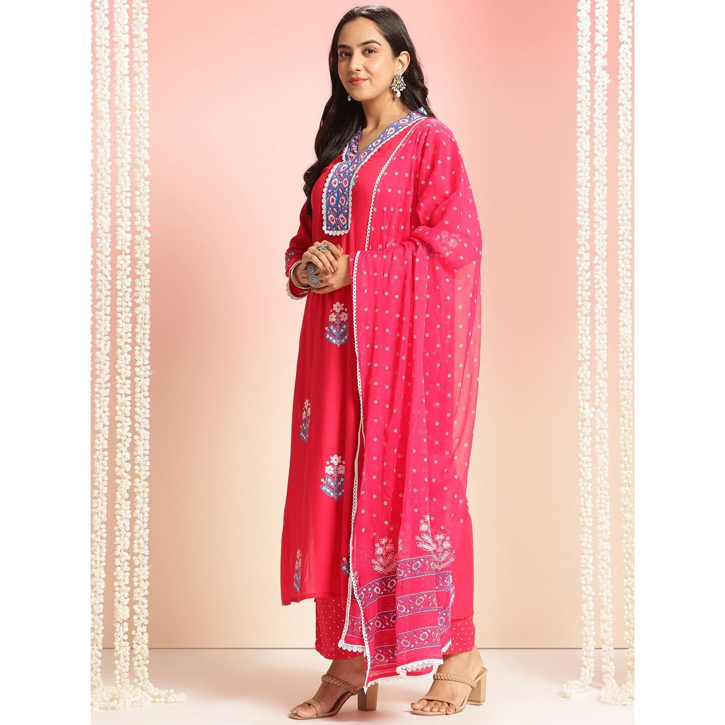 ANNI DESIGNER Women's Rayon Viscose Printed Straight Kurta with Pant & Dupatta (Belagavi Pink-VKS05_M_Pink_Medium)