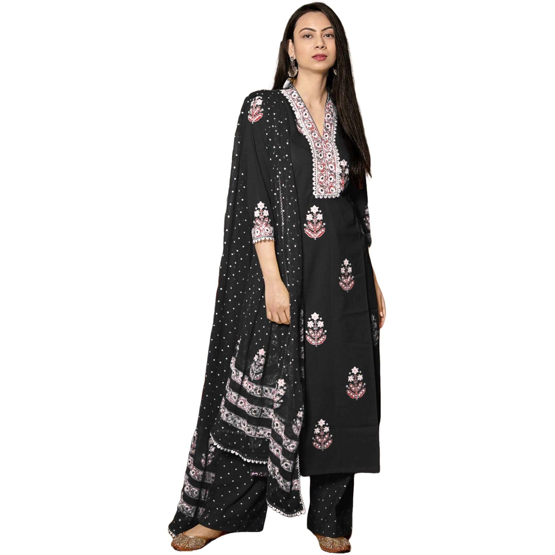 ANNI DESIGNER Women's Rayon Viscose Floral Straight Kurta with Pant & Dupatta (Belagavi Mustard_Black_Small)