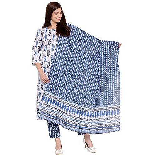 ANNI DESIGNER Women's Cotton Straight Kurta with Pant & Dupatta (KPTD-COT-10018-WHITE_S_White_Small)